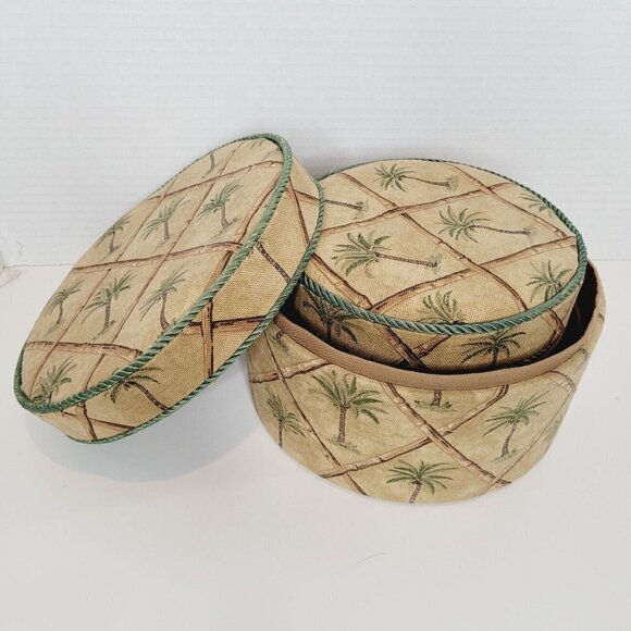 Vintage 2pc Sewing Box Storage Round Palm Trees & Bamboo Storage 7.25" & 5.5" - Picture 7 of 12